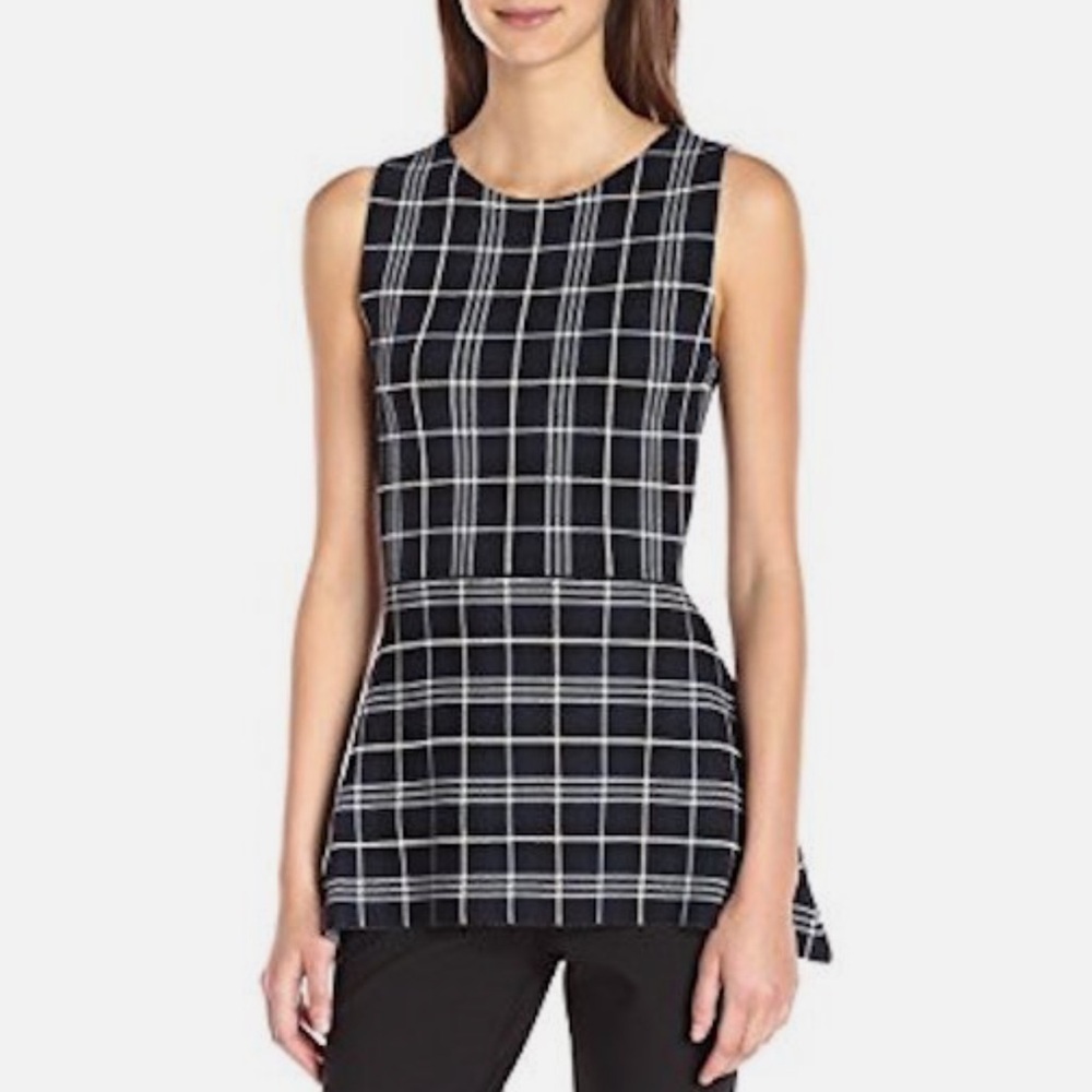 Theory Kalora Lustrate Plaid Peplum Knit Top Size Small in Black and White